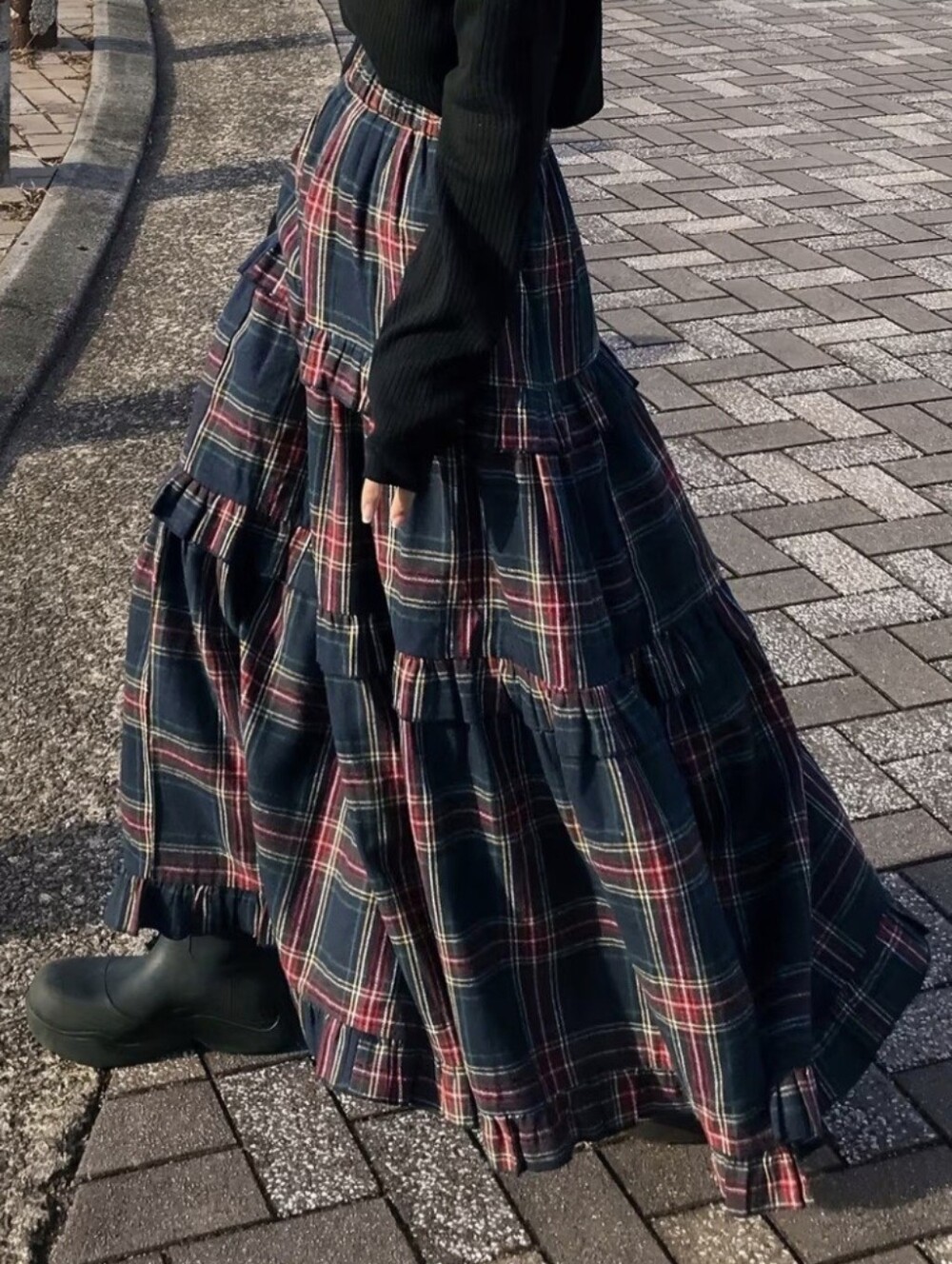 Women'S Plaid Ruched Ruffled Waistband Casual Elegant Maxi Skirt Half Skirt